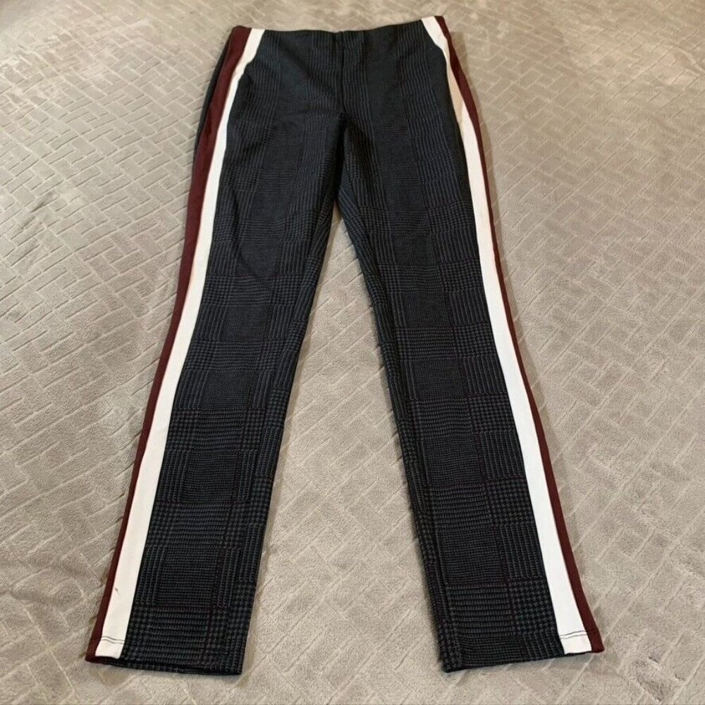 Forever 21 Contemporary Women Medium Pants Dark Gray Plaid Tuxedo Stripe Pull On